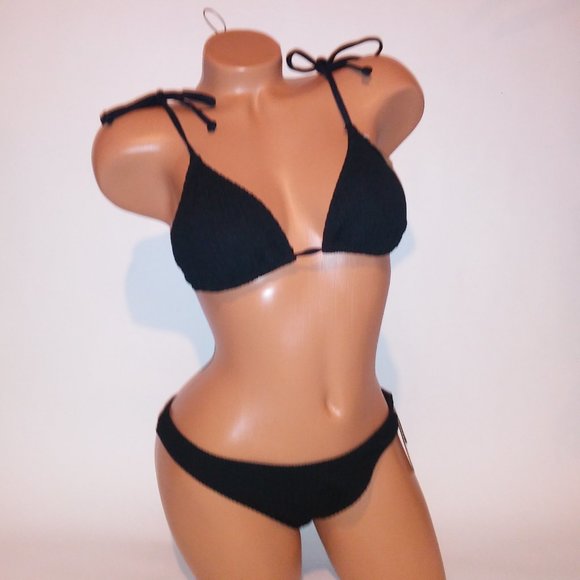 Victoria Secret PINK Swim Bikini Large Top & Bottom Black Ribbed Triangle String - Picture 2 of 11